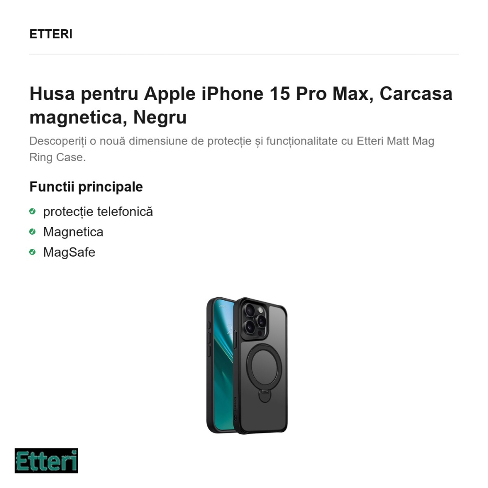 Husa Etteri Matt Mag Ring pentru Apple iPhone 15 Pro Max, Carcasa magnetica, Negru [2]