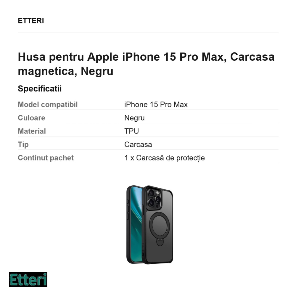 Husa Etteri Matt Mag Ring pentru Apple iPhone 15 Pro Max, Carcasa magnetica, Negru [3]