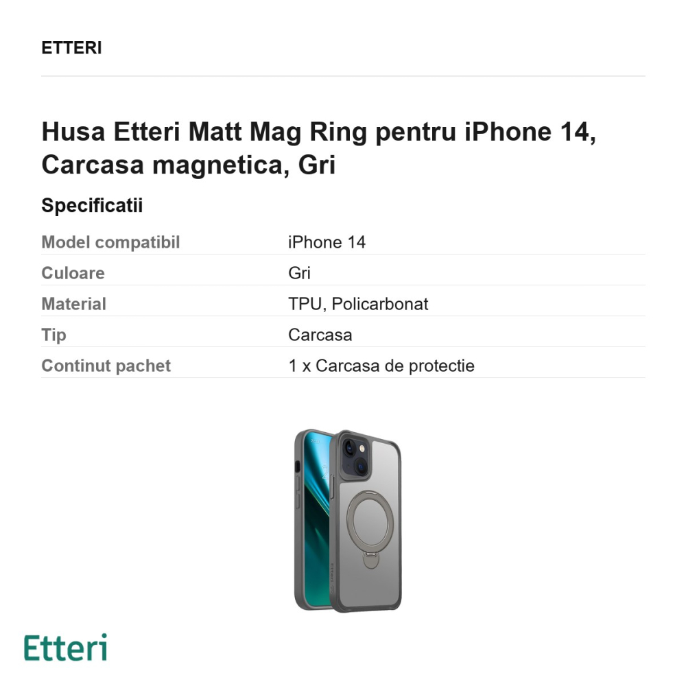 Husa Etteri Matt Mag Ring pentru iPhone 14, Carcasa magnetica, Gri [3]