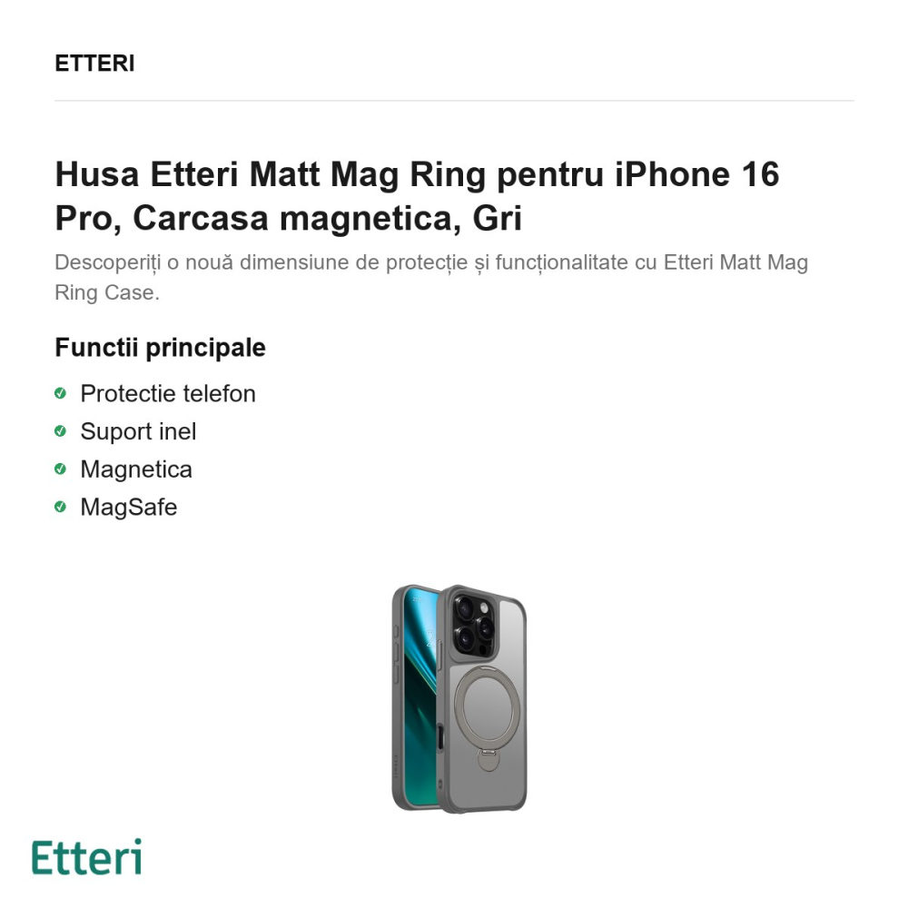 Husa Etteri Matt Mag Ring pentru iPhone 16 Pro, Carcasa magnetica, Gri [2]