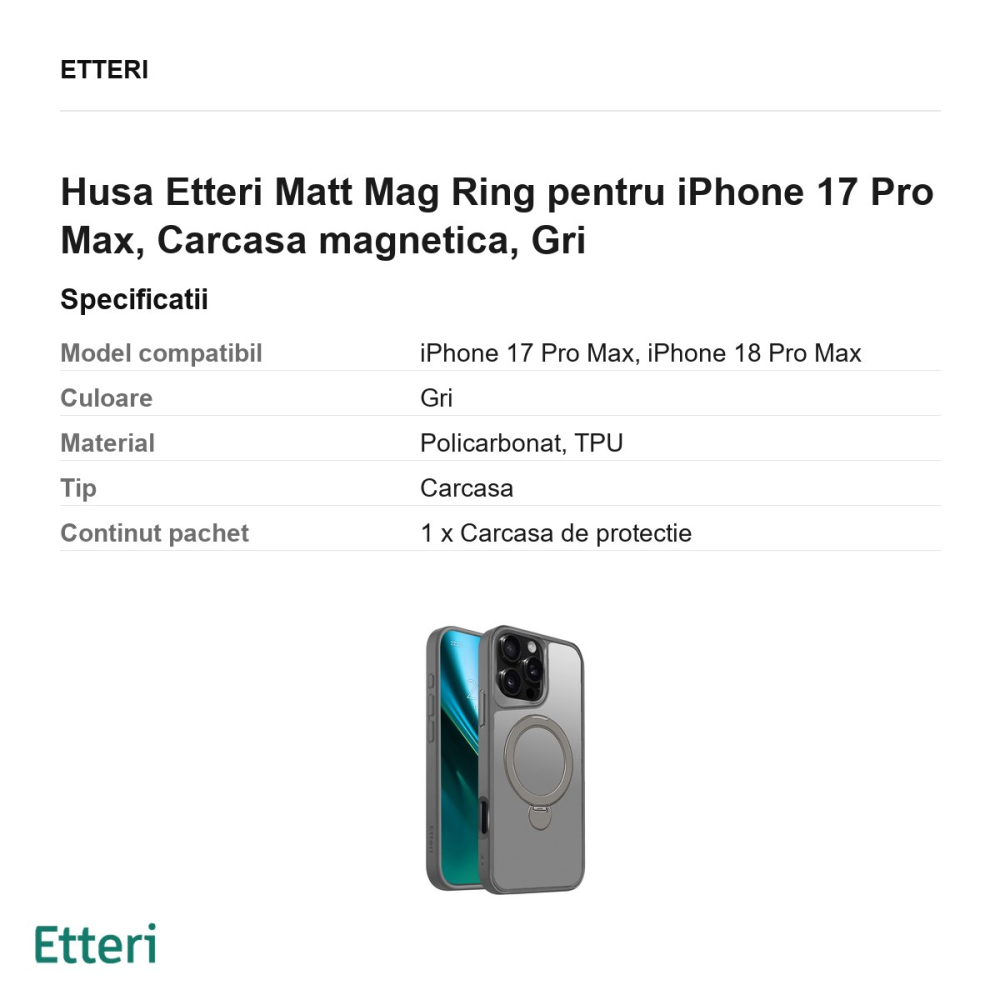 Husa Etteri Matt Mag Ring pentru iPhone 17 Pro Max, Carcasa magnetica, Gri [3]