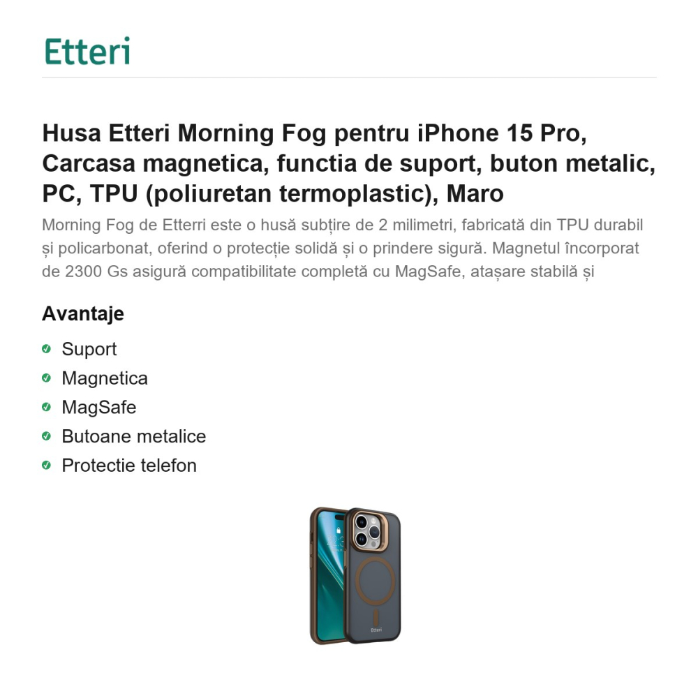 Husa Etteri Morning Fog pentru iPhone 15 Pro, Carcasa magnetica, functia de suport, buton metalic, PC, TPU (poliuretan termoplastic), Maro [2]