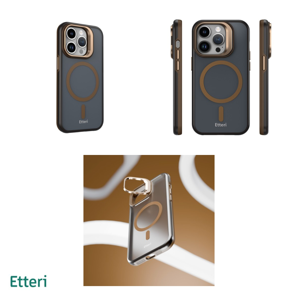 Husa Etteri Morning Fog pentru iPhone 15 Pro, Carcasa magnetica, functia de suport, buton metalic, PC, TPU (poliuretan termoplastic), Maro [4]