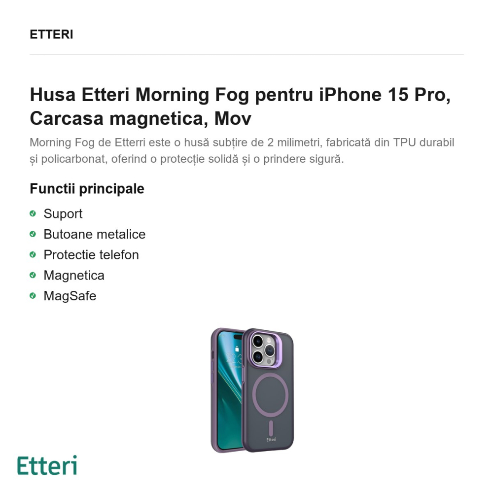 Husa Etteri Morning Fog pentru iPhone 15 Pro, Carcasa magnetica, Mov [2]