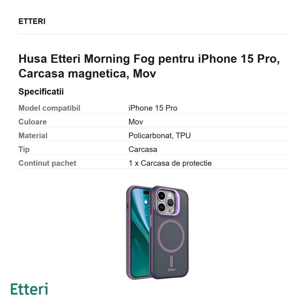 Husa Etteri Morning Fog pentru iPhone 15 Pro, Carcasa magnetica, Mov [3]