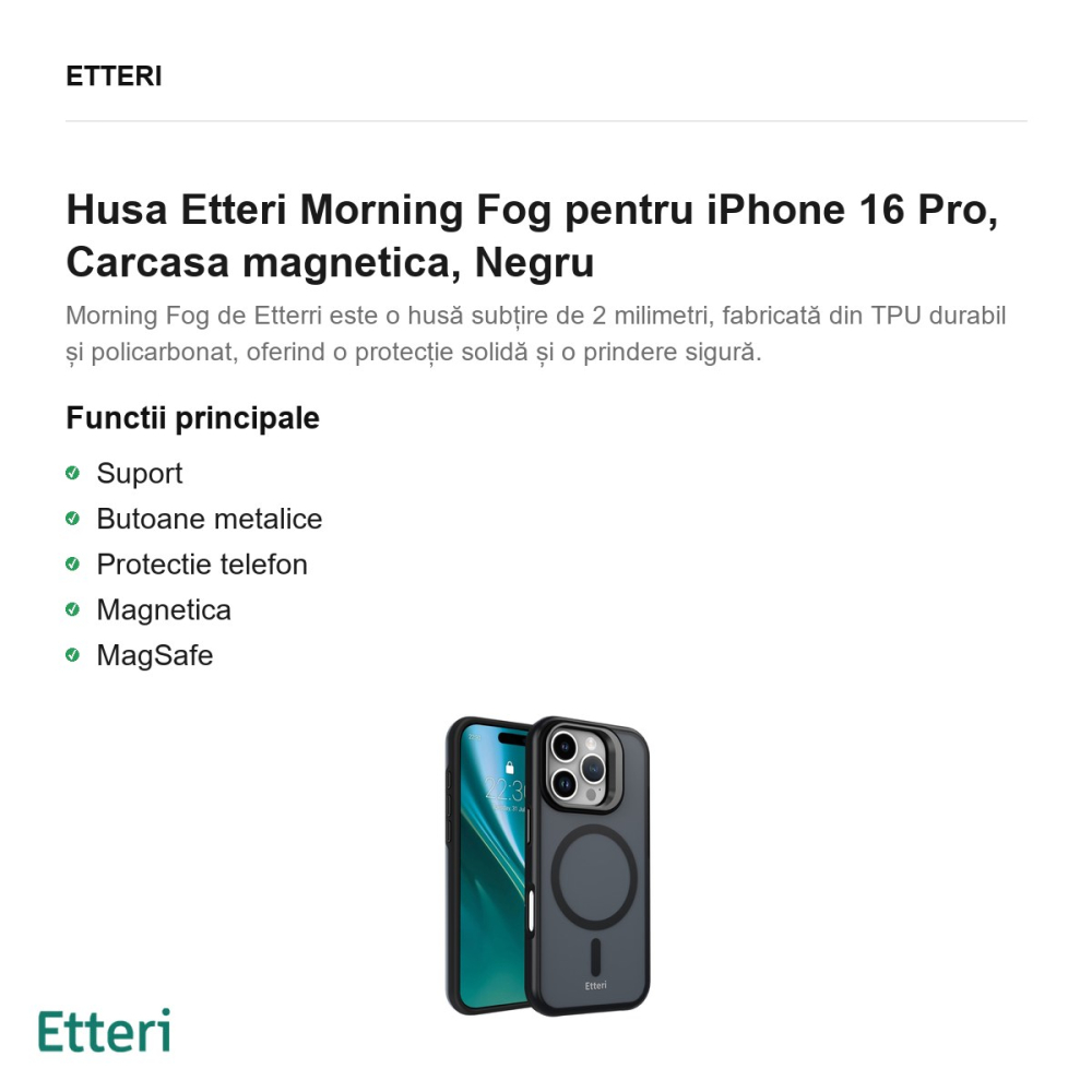Husa Etteri Morning Fog pentru iPhone 16 Pro, Carcasa magnetica, Negru [2]
