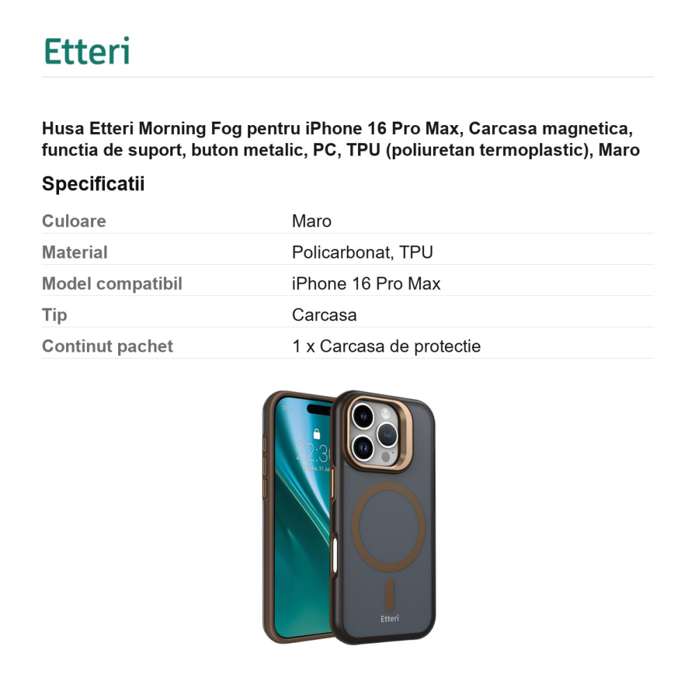 Husa Etteri Morning Fog pentru iPhone 16 Pro Max, Carcasa magnetica, functia de suport, buton metalic, PC, TPU (poliuretan termoplastic), Maro [3]