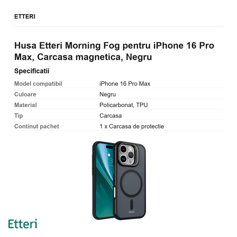 Husa Etteri Morning Fog pentru iPhone 16 Pro Max, Carcasa magnetica, Negru [3]
