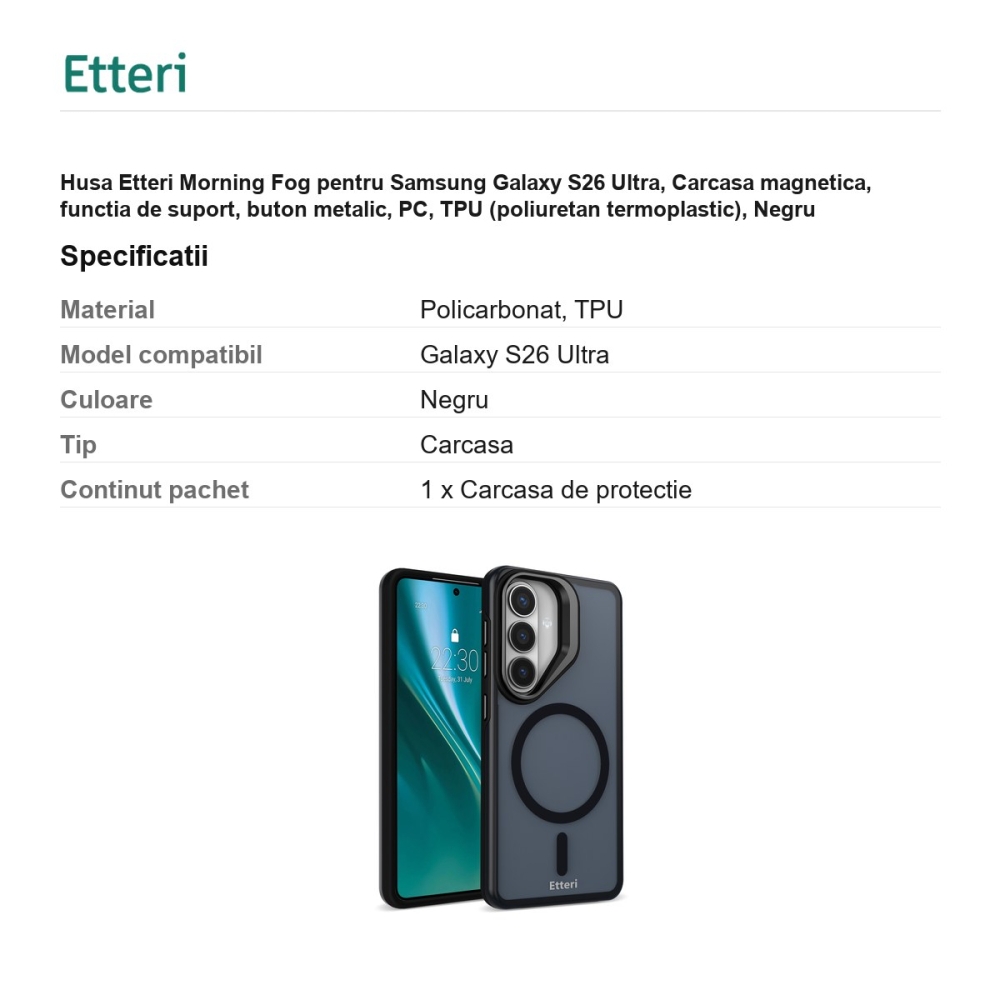 Husa Etteri Morning Fog pentru Samsung Galaxy S26 Ultra, Carcasa magnetica, functia de suport, buton metalic, PC, TPU (poliuretan termoplastic), Negru [3]
