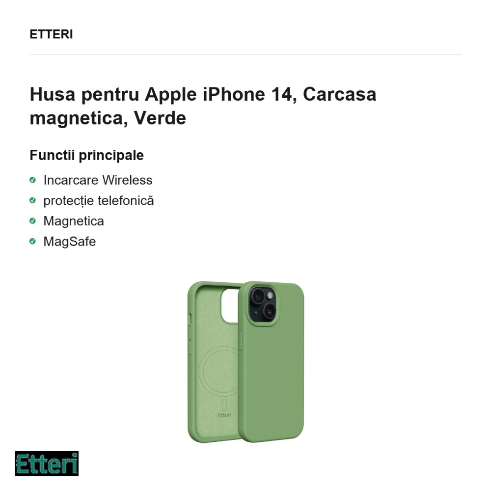Husa Etteri Silicone Mag pentru Apple iPhone 14, Carcasa magnetica, Verde [2]