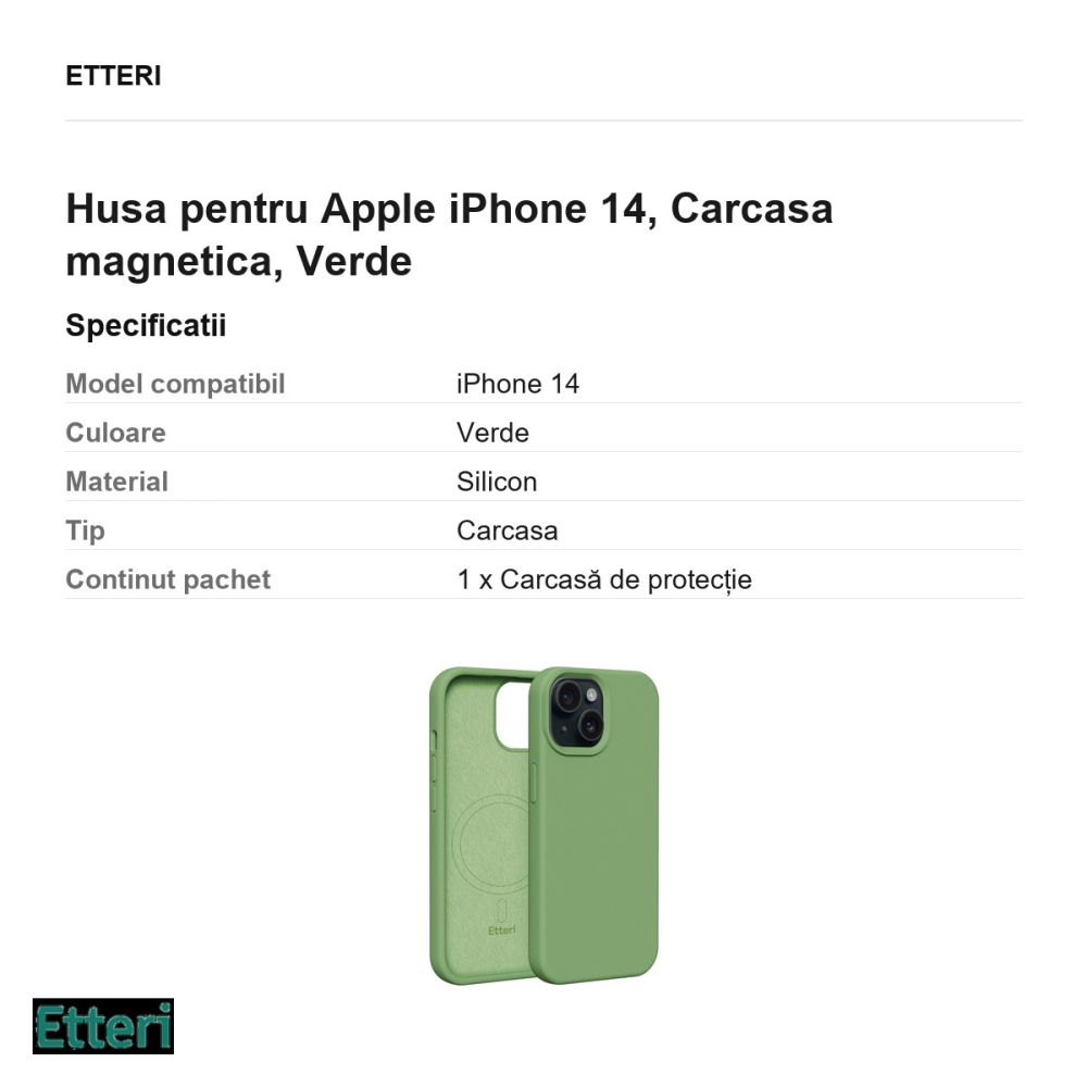 Husa Etteri Silicone Mag pentru Apple iPhone 14, Carcasa magnetica, Verde [3]