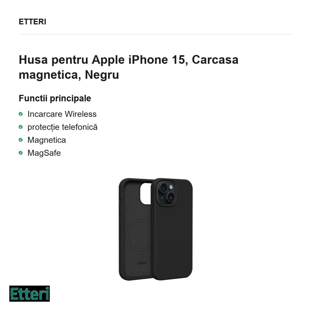 Husa Etteri Silicone Mag pentru Apple iPhone 15, Carcasa magnetica, Negru [2]