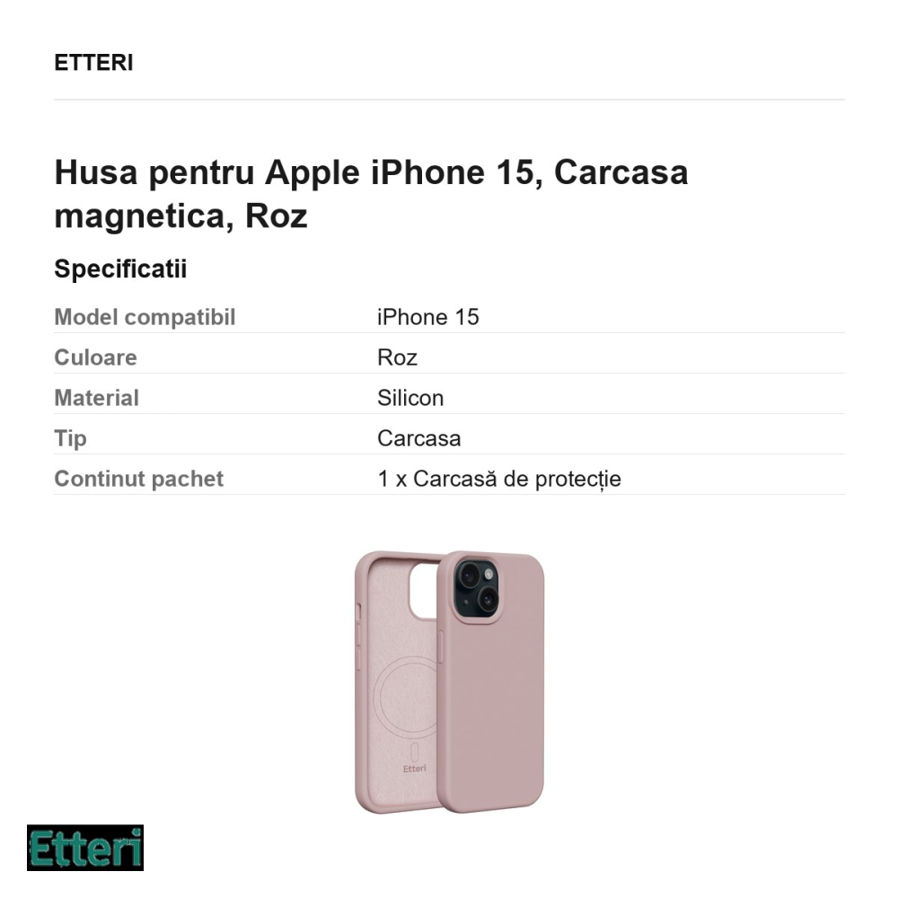Husa Etteri Silicone Mag pentru Apple iPhone 15, Carcasa magnetica, Roz [3]