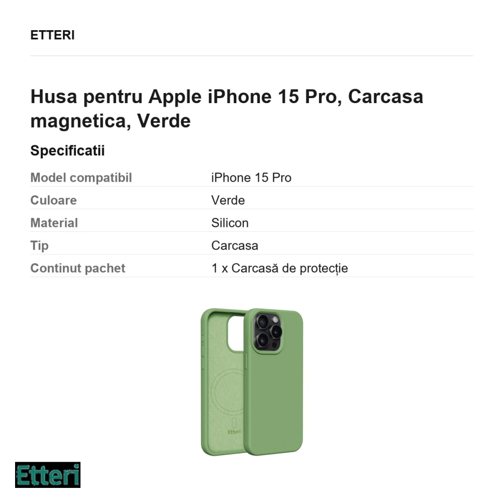 Husa Etteri Silicone Mag pentru Apple iPhone 15 Pro, Carcasa magnetica, Verde [3]