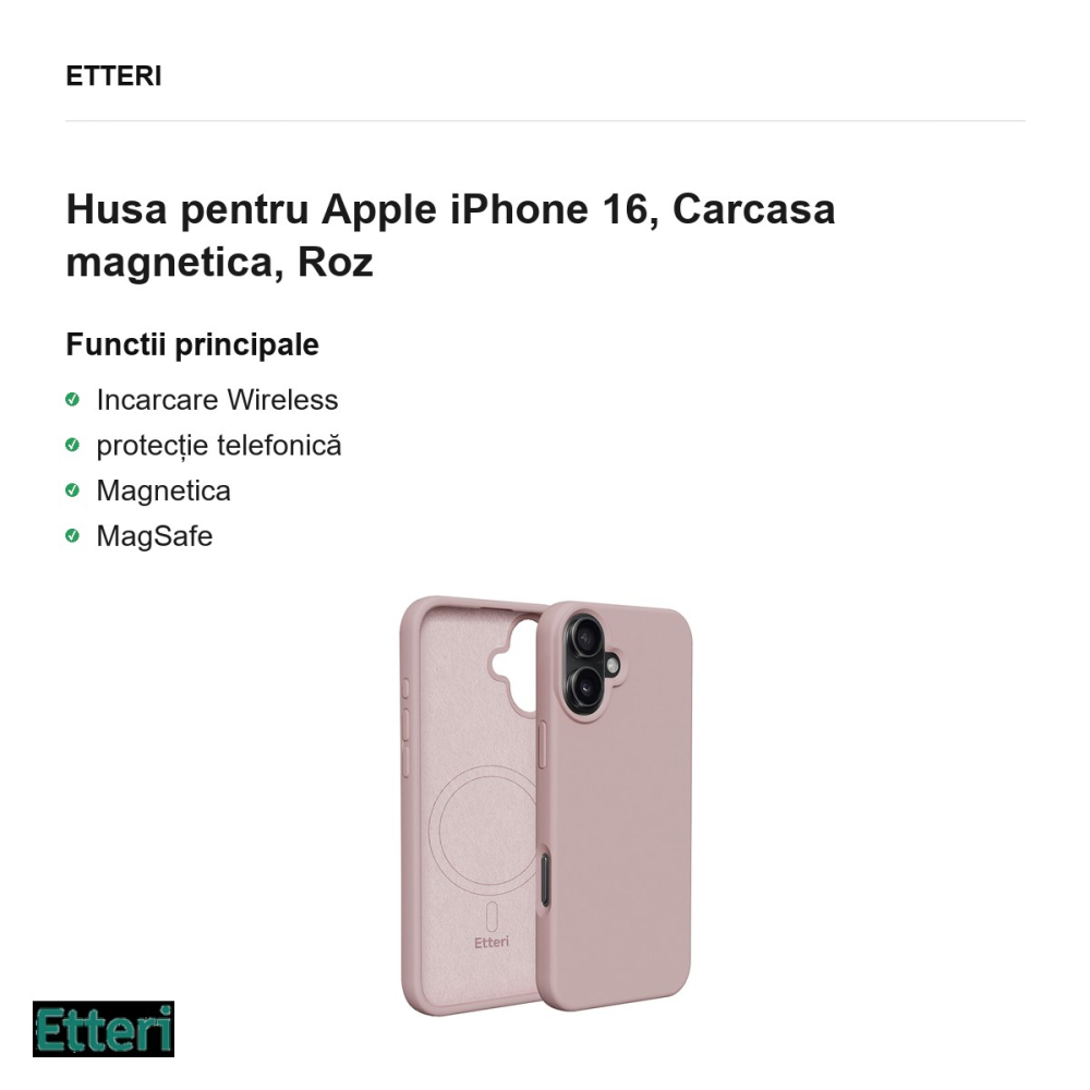 Husa Etteri Silicone Mag pentru Apple iPhone 16, Carcasa magnetica, Roz [2]
