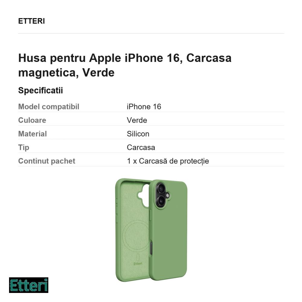 Husa Etteri Silicone Mag pentru Apple iPhone 16, Carcasa magnetica, Verde [3]