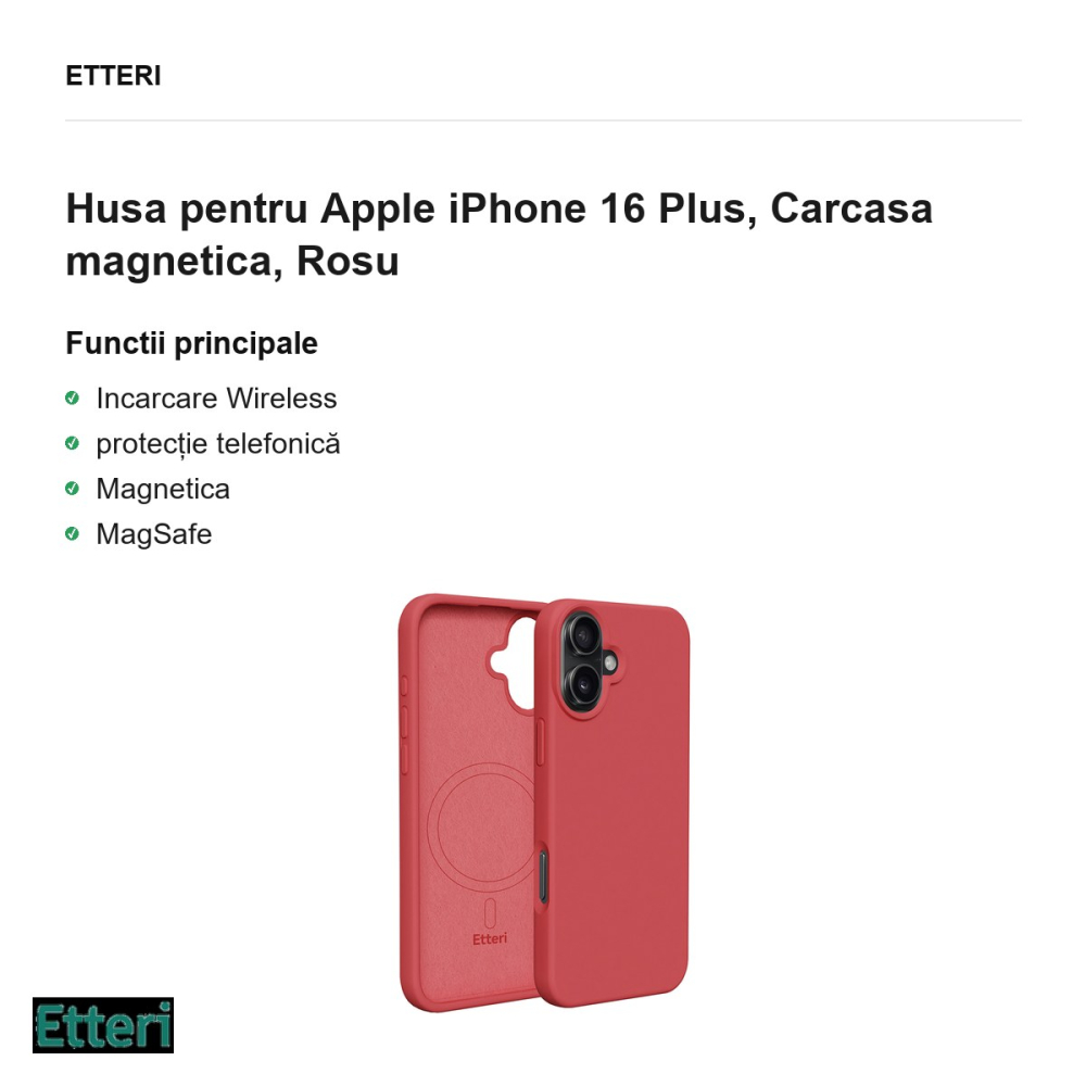 Husa Etteri Silicone Mag pentru Apple iPhone 16 Plus, Carcasa magnetica, Rosu [2]