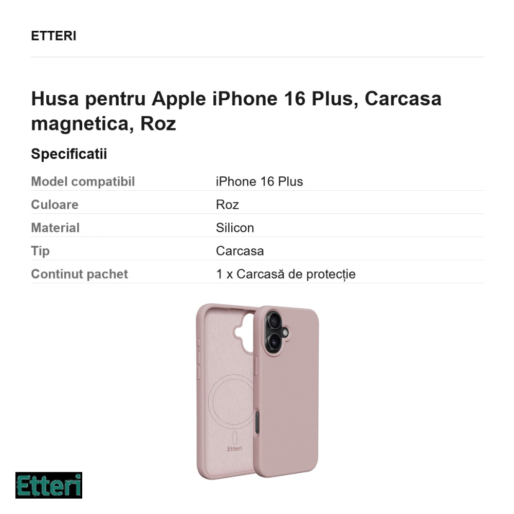 Husa Etteri Silicone Mag pentru Apple iPhone 16 Plus, Carcasa magnetica, Roz [3]