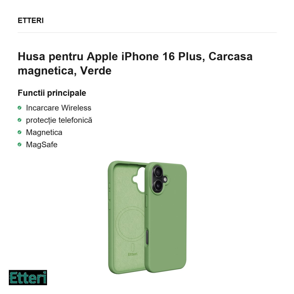 Husa Etteri Silicone Mag pentru Apple iPhone 16 Plus, Carcasa magnetica, Verde [2]