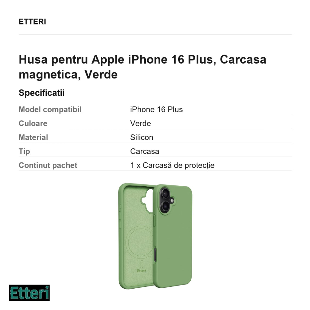 Husa Etteri Silicone Mag pentru Apple iPhone 16 Plus, Carcasa magnetica, Verde [3]