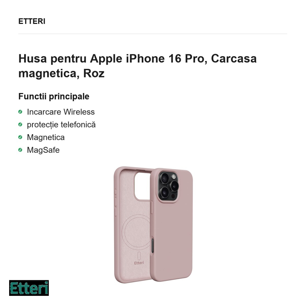 Husa Etteri Silicone Mag pentru Apple iPhone 16 Pro, Carcasa magnetica, Roz [2]