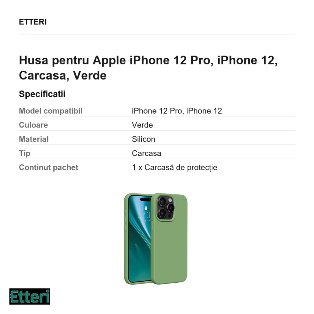 Husa Etteri Silicone pentru Apple iPhone 12 Pro, iPhone 12, Carcasa, Verde [3]
