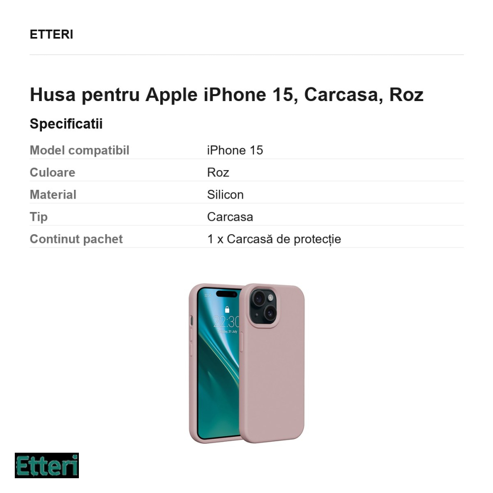 Husa Etteri Silicone pentru Apple iPhone 15, Carcasa, Roz [3]