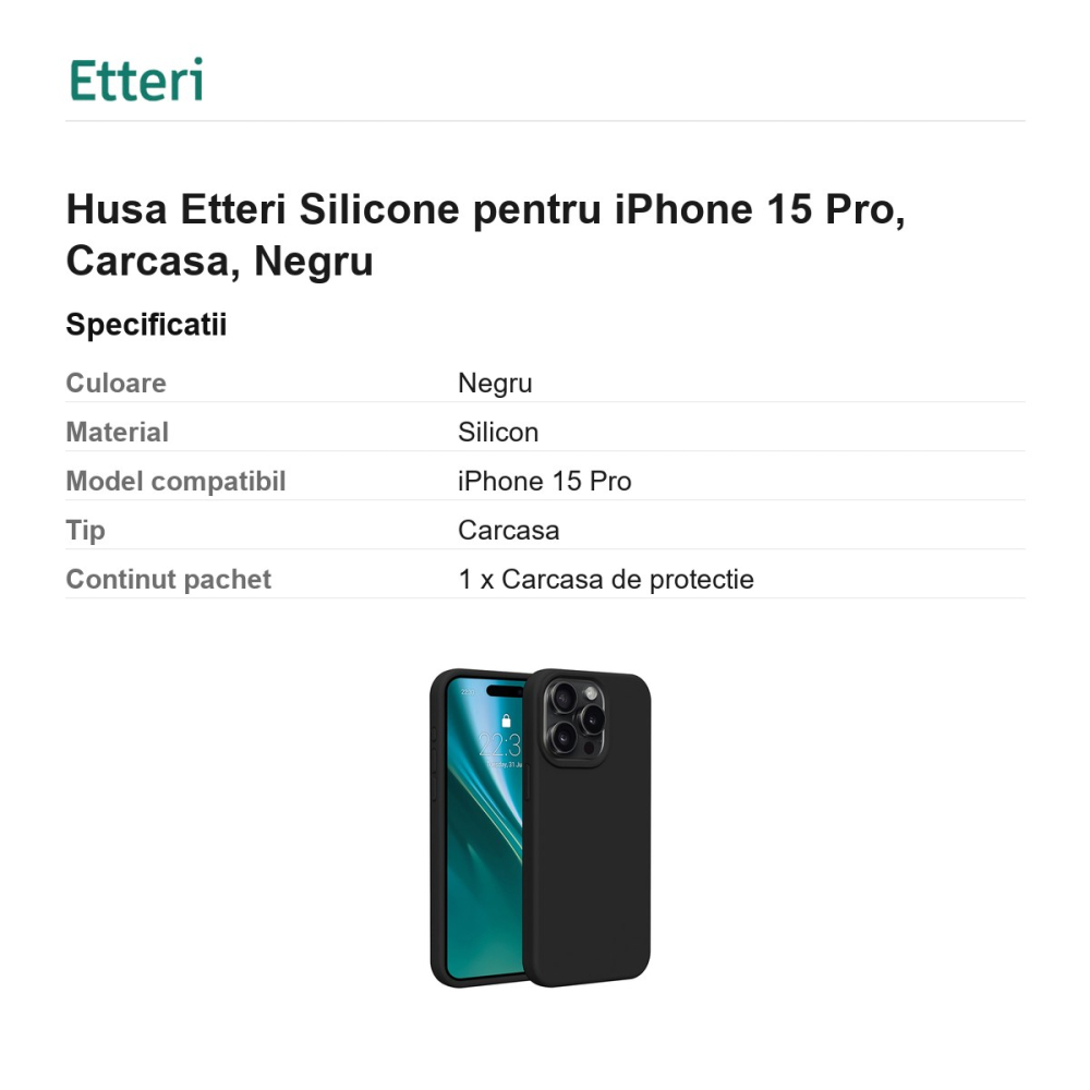 Husa Etteri Silicone pentru iPhone 15 Pro, Carcasa, Negru [3]