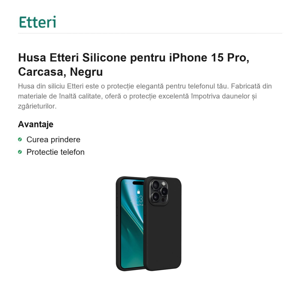Husa Etteri Silicone pentru iPhone 15 Pro, Carcasa, Negru [2]