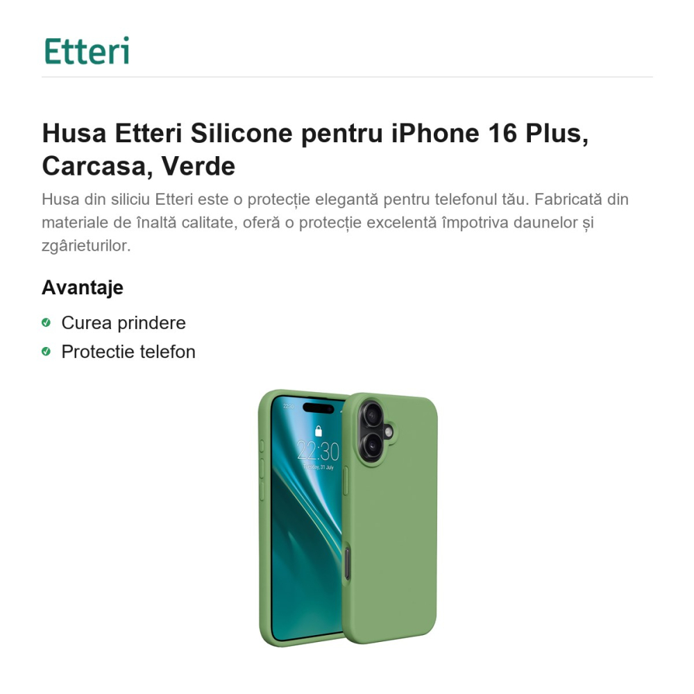 Husa Etteri Silicone pentru iPhone 16 Plus, Carcasa, Verde [2]