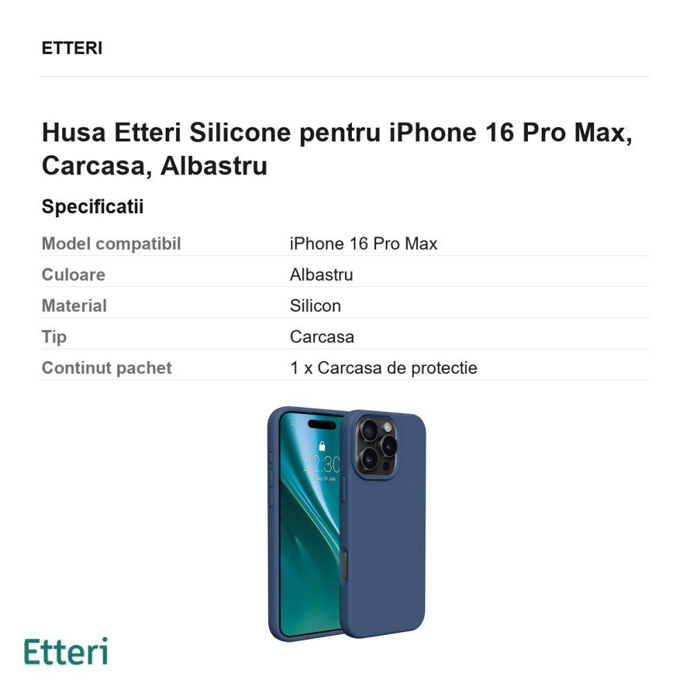 Husa Etteri Silicone pentru iPhone 16 Pro Max, Carcasa, Albastru [3]
