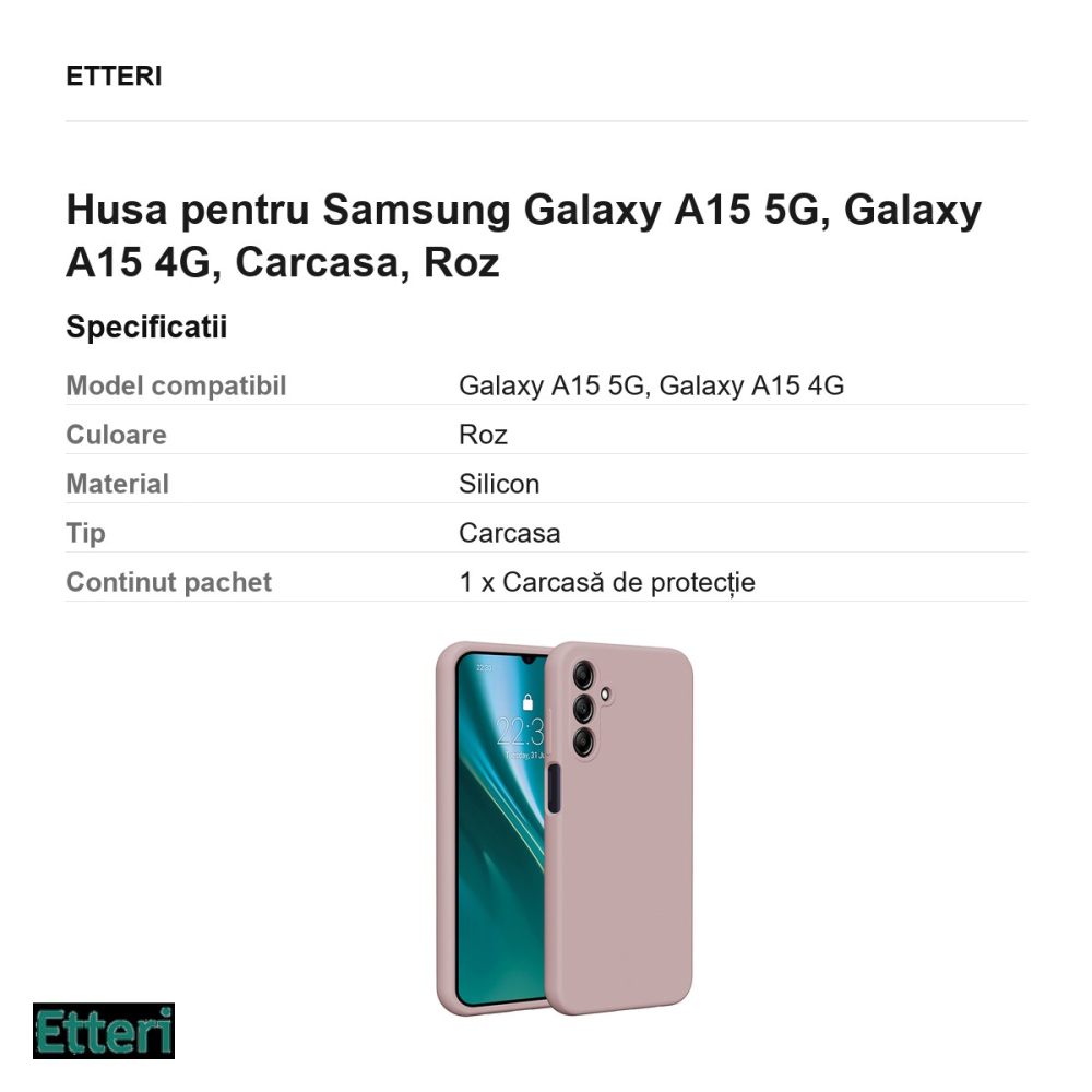 Husa Etteri Silicone pentru Samsung Galaxy A15 5G, Galaxy A15 4G, Carcasa, Roz [3]