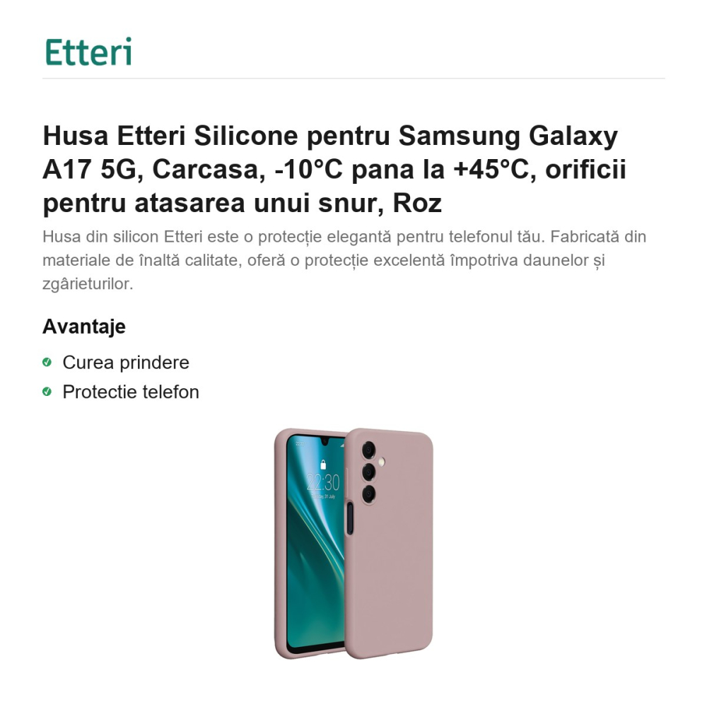 Husa Etteri Silicone pentru Samsung Galaxy A17 5G, Carcasa, -10°C pana la +45°C, orificii pentru atasarea unui snur, Roz [2]