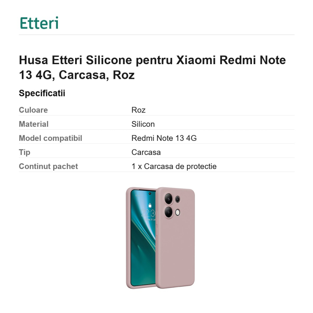 Husa Etteri Silicone pentru Xiaomi Redmi Note 13 4G, Carcasa, Roz [3]