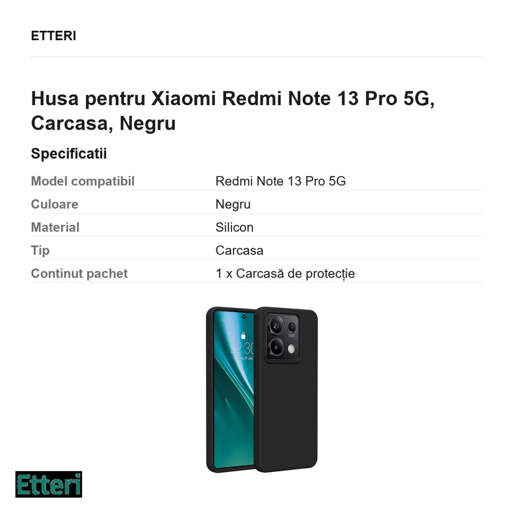 Husa Etteri Silicone pentru Xiaomi Redmi Note 13 Pro 5G, Carcasa, Negru [3]