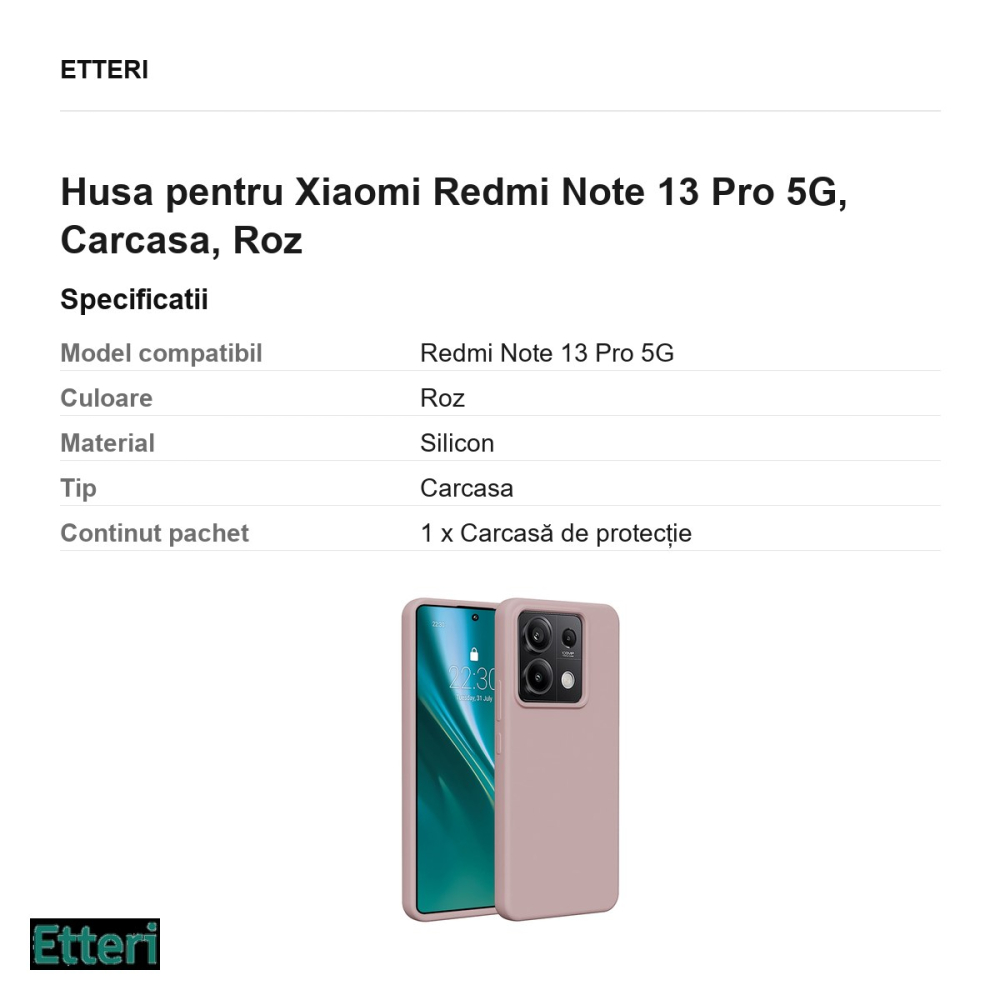 Husa Etteri Silicone pentru Xiaomi Redmi Note 13 Pro 5G, Carcasa, Roz [3]
