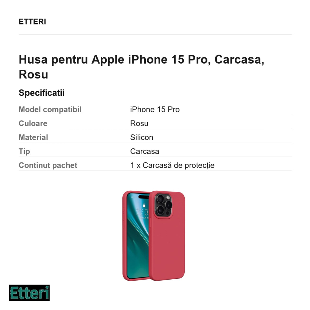 Husa Etteri Silicone raspberry pentru Apple iPhone 15 Pro, Carcasa, Rosu [3]