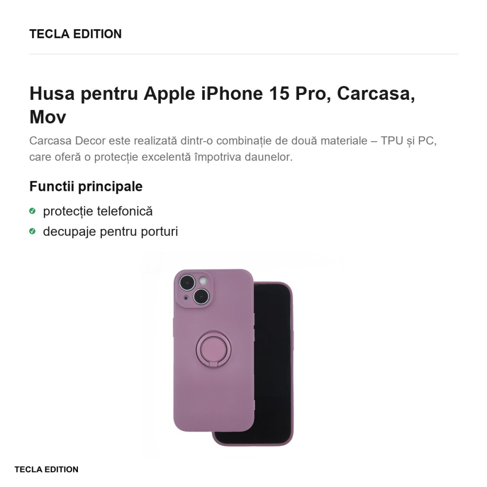 Husa Finger Grip pentru Apple iPhone 15 Pro, Carcasa, Mov [2]