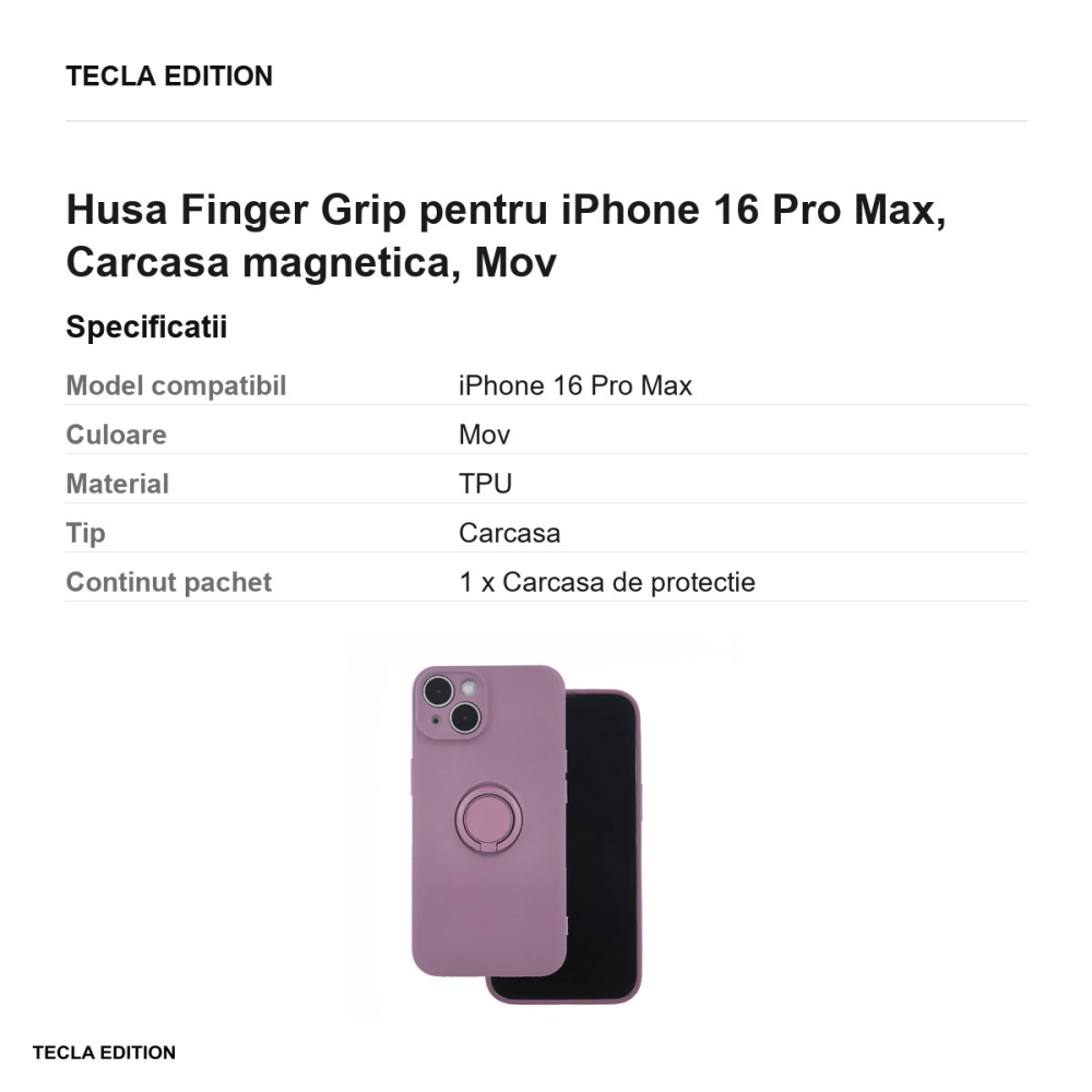 Husa Finger Grip pentru iPhone 16 Pro Max, Carcasa magnetica, Mov [3]
