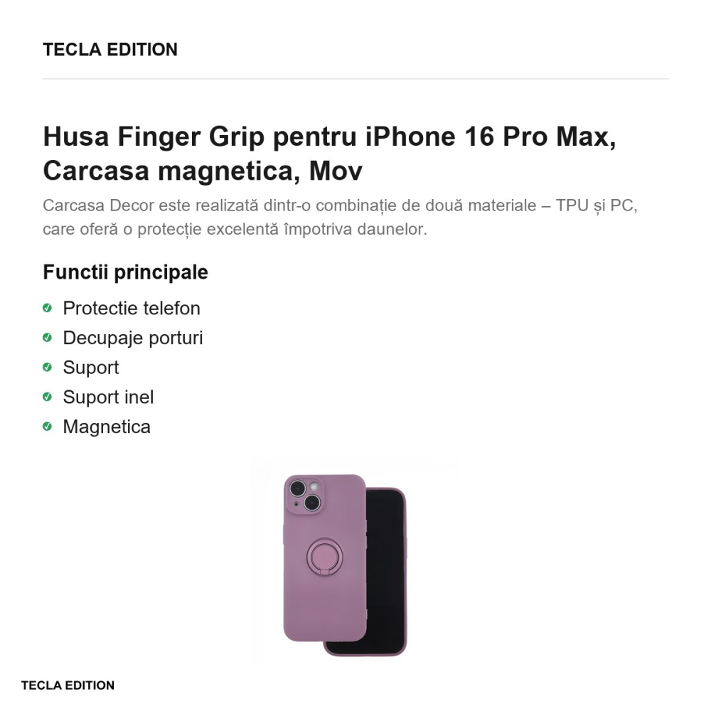 Husa Finger Grip pentru iPhone 16 Pro Max, Carcasa magnetica, Mov [2]