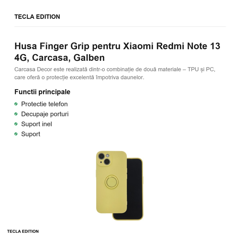 Husa Finger Grip pentru Xiaomi Redmi Note 13 4G, Carcasa, Galben [2]