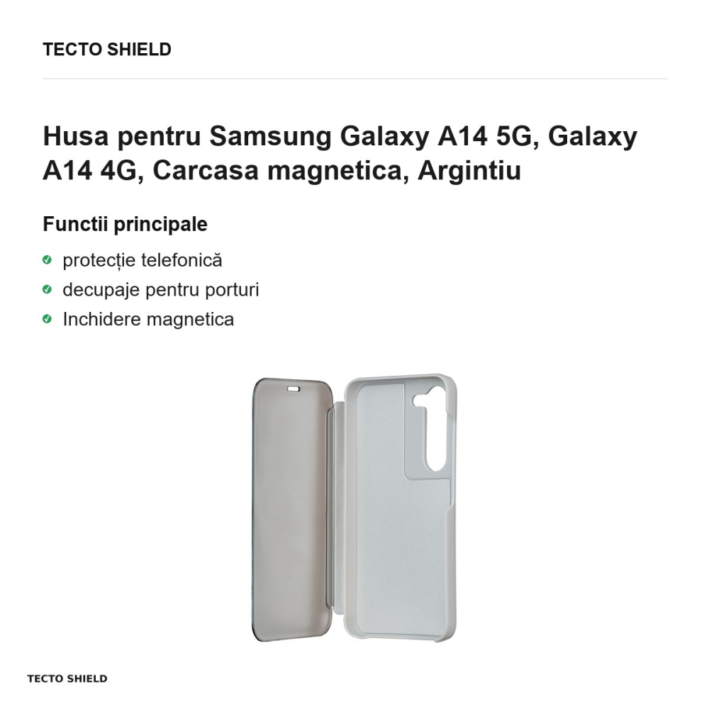 Husa Fold Mirror View pentru Samsung Galaxy A14 5G, Galaxy A14 4G, tip carte cu inchidere magnetica, Argintiu [2]