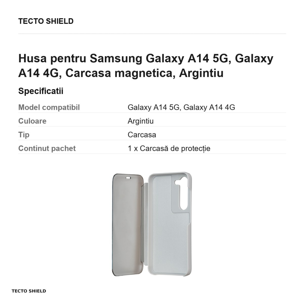 Husa Fold Mirror View pentru Samsung Galaxy A14 5G, Galaxy A14 4G, tip carte cu inchidere magnetica, Argintiu [3]