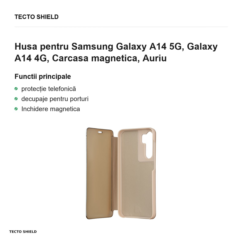 Husa Fold Mirror View pentru Samsung Galaxy A14 5G, Galaxy A14 4G, tip carte cu inchidere magnetica, Auriu [2]