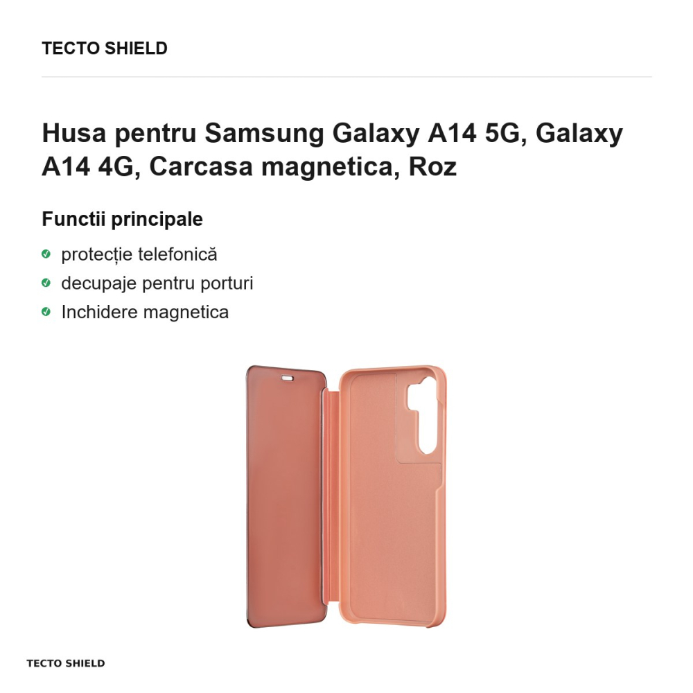 Husa Fold Mirror View pentru Samsung Galaxy A14 5G, Galaxy A14 4G, tip carte cu inchidere magnetica, Roz [2]