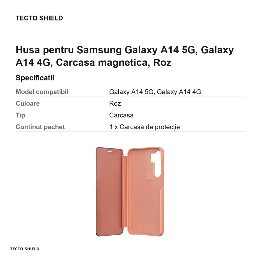Husa Fold Mirror View pentru Samsung Galaxy A14 5G, Galaxy A14 4G, tip carte cu inchidere magnetica, Roz [3]