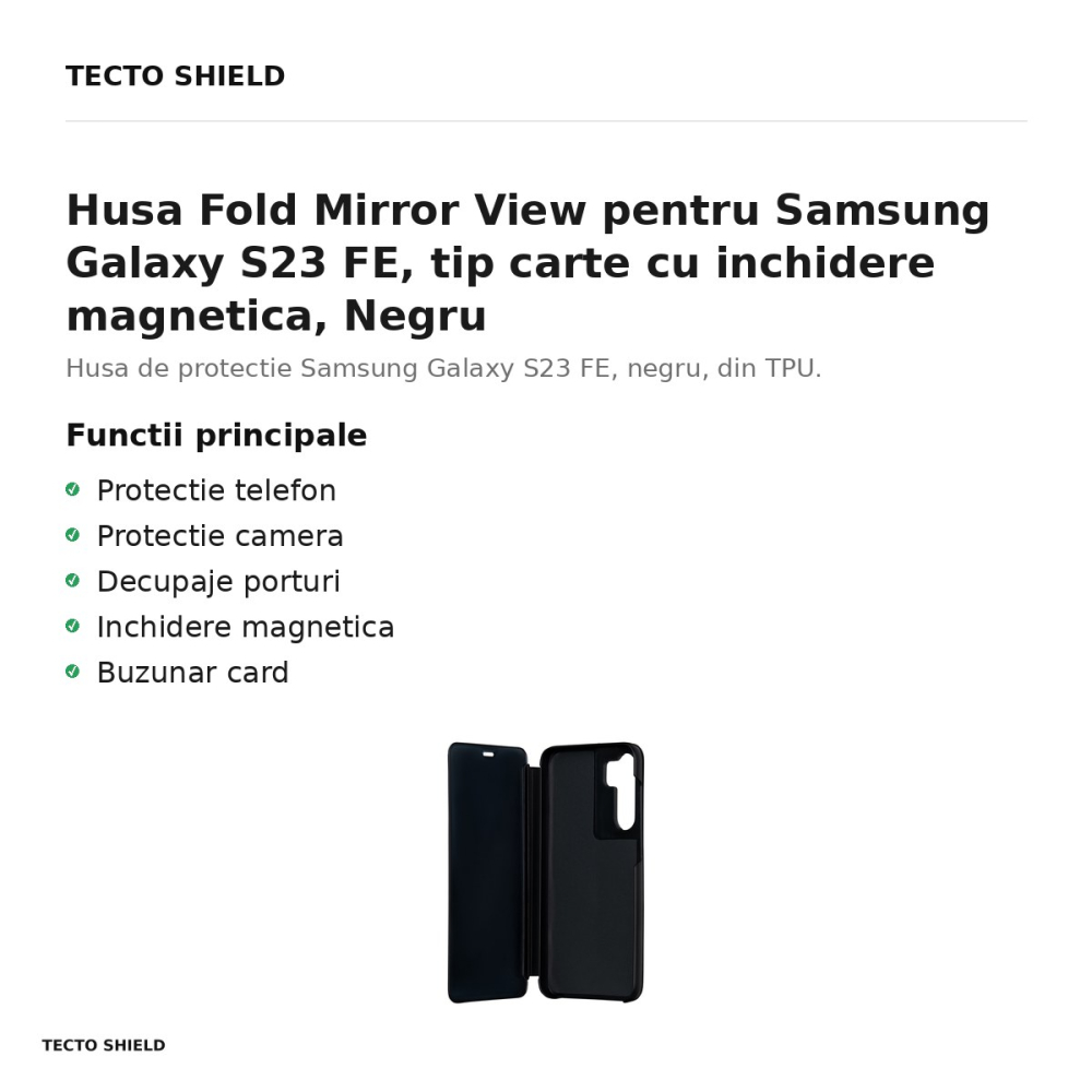 Husa Fold Mirror View pentru Samsung Galaxy S23 FE, tip carte cu inchidere magnetica, Negru [2]