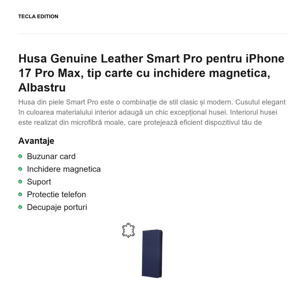 Husa Genuine Leather Smart Pro pentru iPhone 17 Pro Max, tip carte cu inchidere magnetica, Albastru [2]