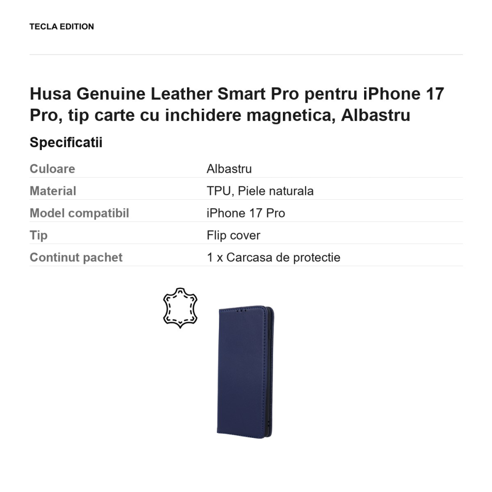 Husa Genuine Leather Smart Pro pentru iPhone 17 Pro, tip carte cu inchidere magnetica, Albastru [3]