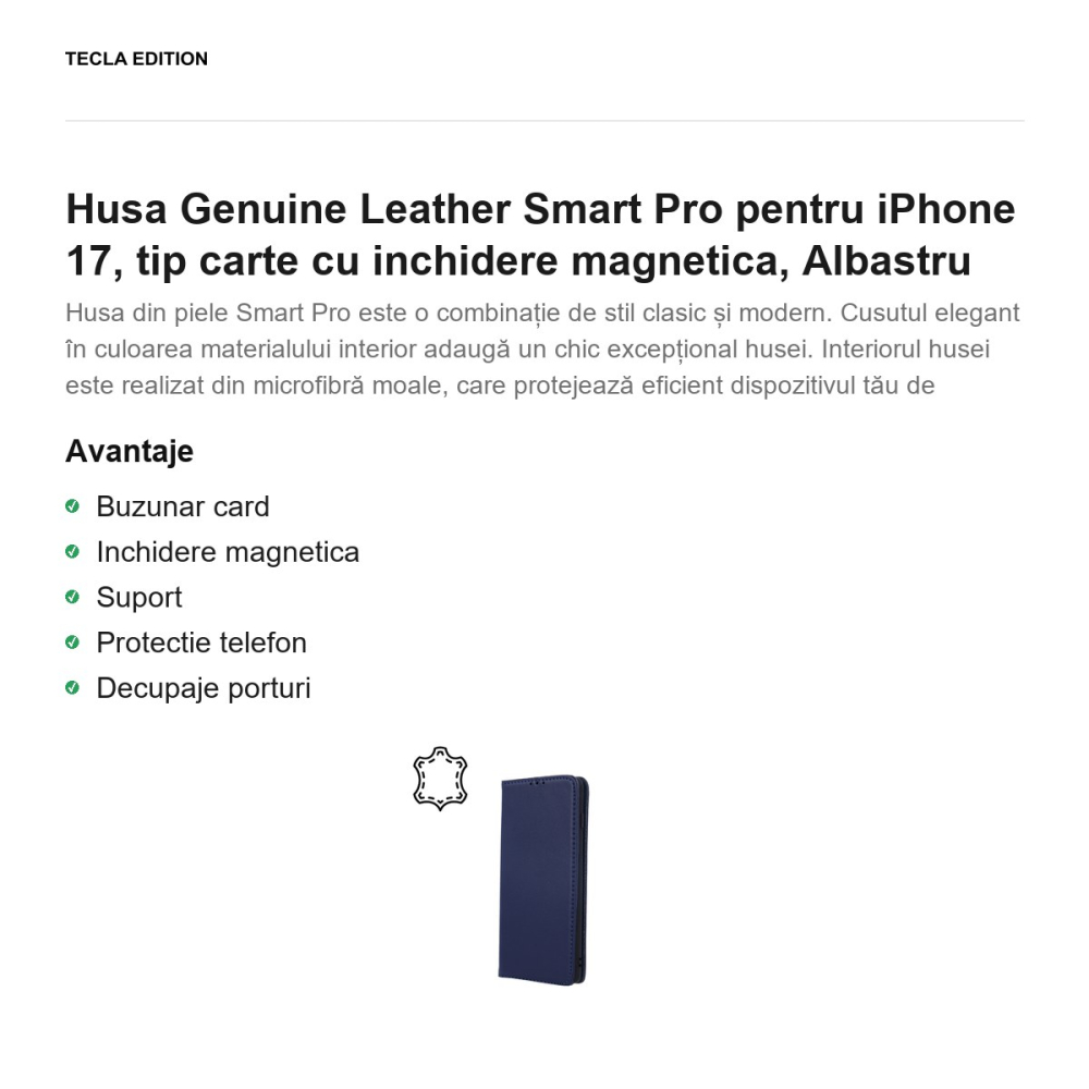 Husa Genuine Leather Smart Pro pentru iPhone 17, tip carte cu inchidere magnetica, Albastru [2]